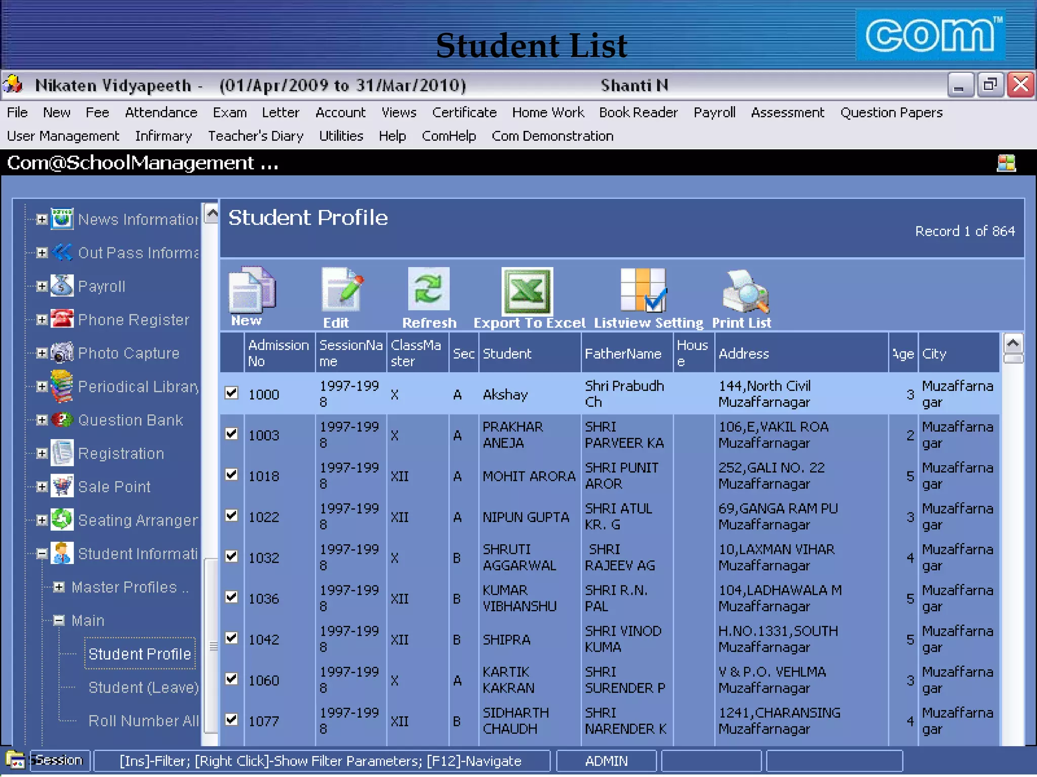 Characteristic of Com Automation  Student List 