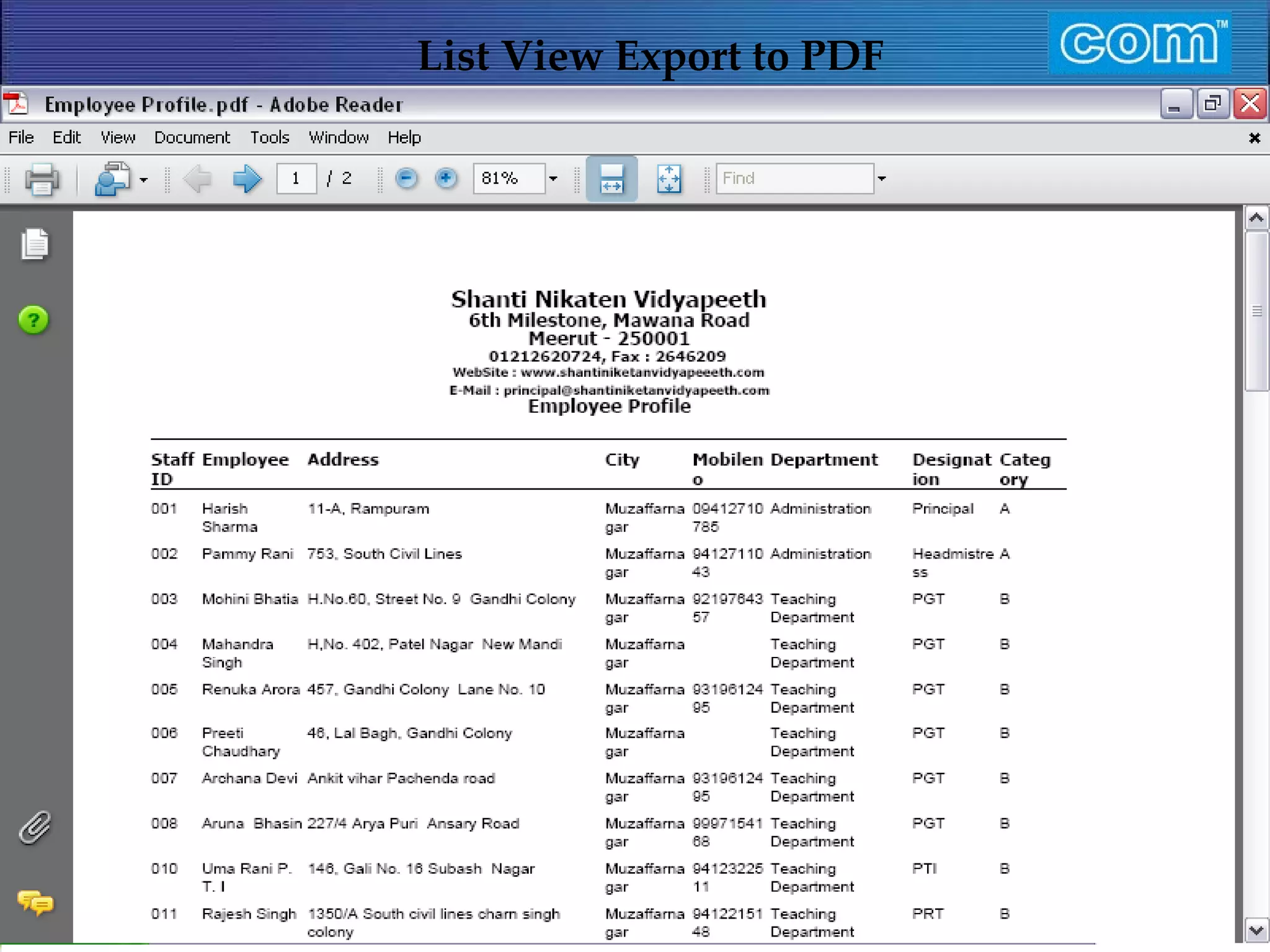 Characteristic of Com Automation  List View Export to PDF 