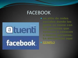                  FACEBOOKun sitio de redes sociales donde las gente se reúne con las personas que conocen o conocen a nuevas personas. Lo encuentras aquíEJEMPLO