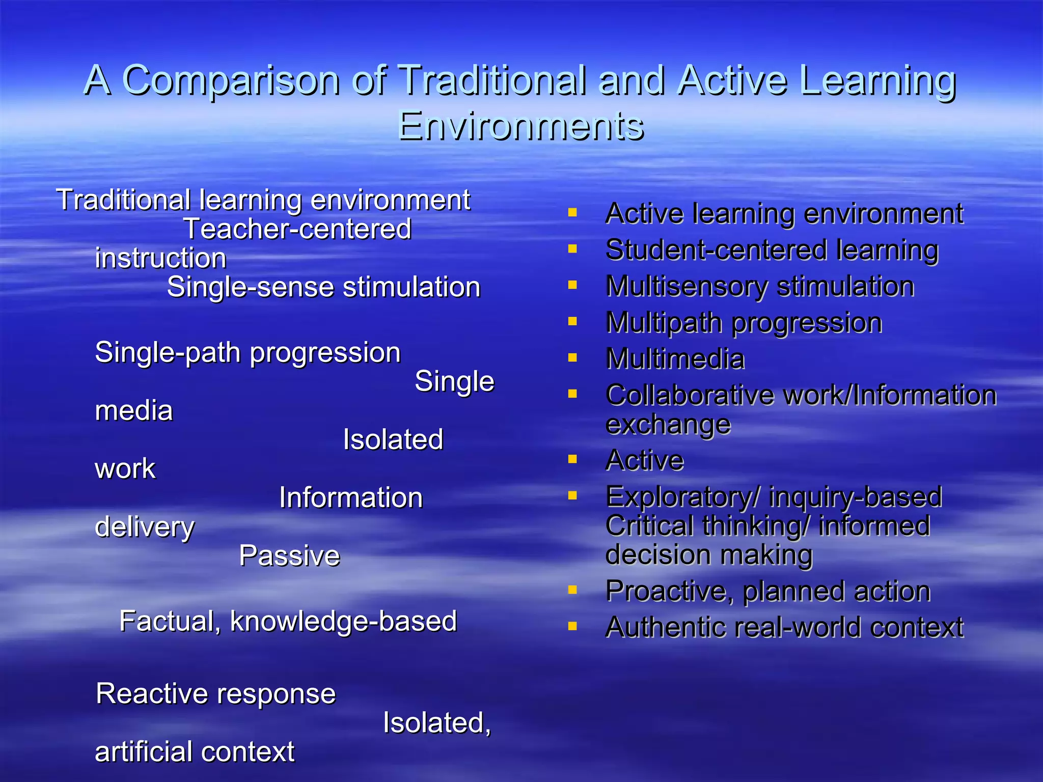 A Comparison of Traditional and Active Learning Environments Traditional learning environment  Teacher-centered instruction  Single-sense stimulation  Single-path progression  Single media  Isolated work  Information delivery  Passive  Factual, knowledge-based  Reactive response  Isolated, artificial context  Active learning environment Student-centered learning Multisensory stimulation Multipath progression Multimedia Collaborative work/Information exchange Active Exploratory/ inquiry-based Critical thinking/ informed decision making Proactive, planned action Authentic real-world context 