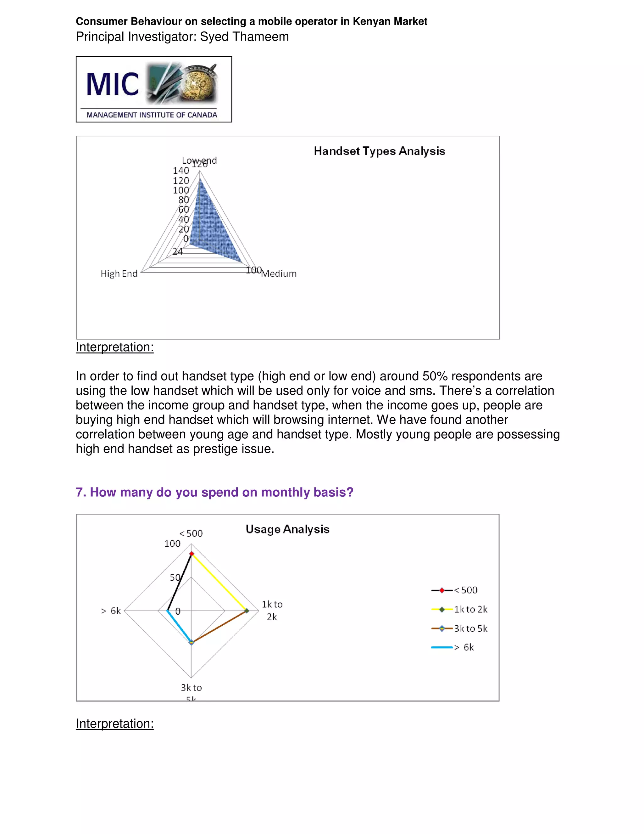 Consumer Behaviour on selecting a mobile operator in Kenyan Market
Principal Investigator: Syed Thameem




Interpretation:

In order to find out handset type (high end or low end) around 50% respondents are
using the low handset which will be used only for voice and sms. There’s a correlation
between the income group and handset type, when the income goes up, people are
buying high end handset which will browsing internet. We have found another
correlation between young age and handset type. Mostly young people are possessing
high end handset as prestige issue.


7. How many do you spend on monthly basis?




Interpretation:
 
