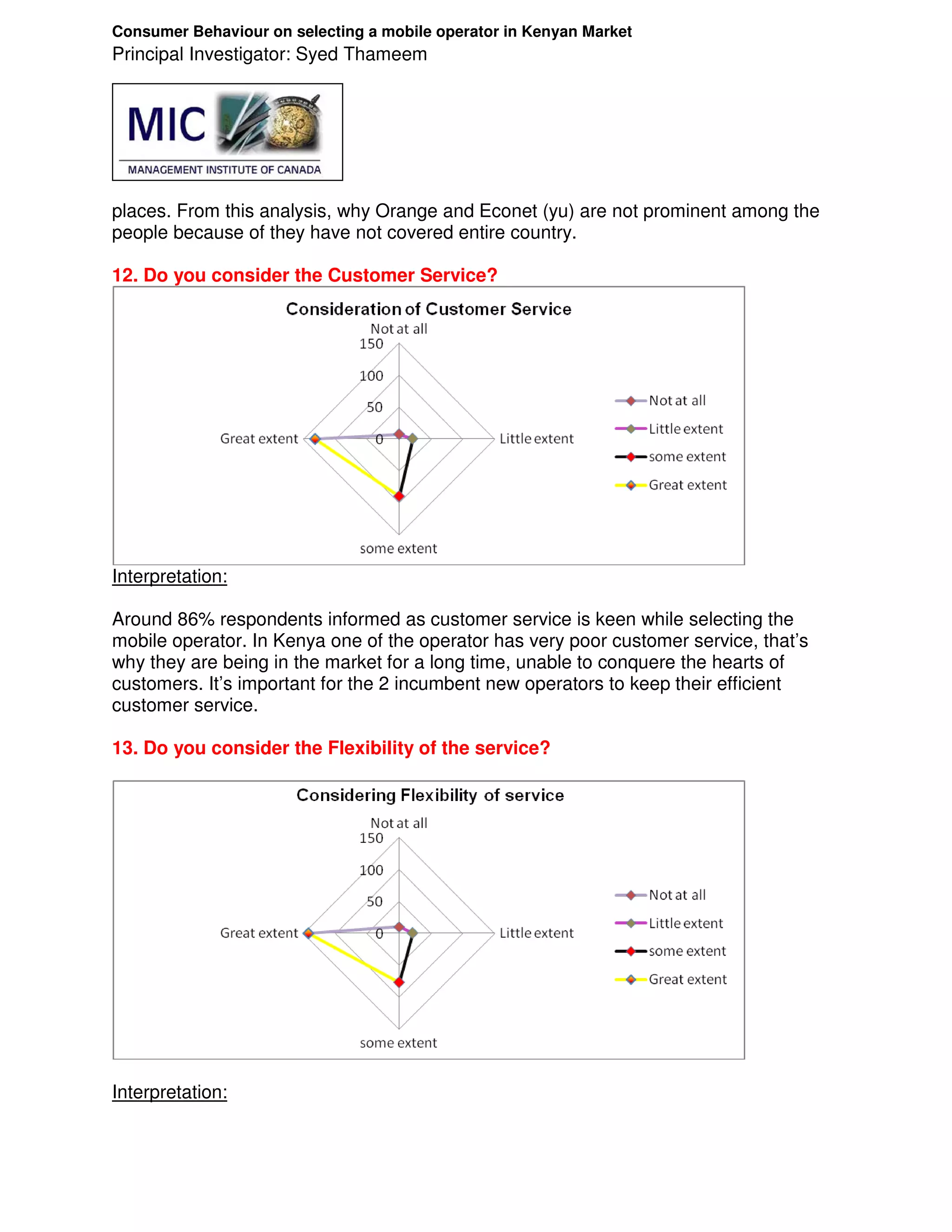Consumer Behaviour on selecting a mobile operator in Kenyan Market
Principal Investigator: Syed Thameem




places. From this analysis, why Orange and Econet (yu) are not prominent among the
people because of they have not covered entire country.

12. Do you consider the Customer Service?




Interpretation:

Around 86% respondents informed as customer service is keen while selecting the
mobile operator. In Kenya one of the operator has very poor customer service, that’s
why they are being in the market for a long time, unable to conquere the hearts of
customers. It’s important for the 2 incumbent new operators to keep their efficient
customer service.

13. Do you consider the Flexibility of the service?




Interpretation:
 