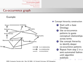 Co-occurrence and Meaning
                                 Co-occurrence graphs
                         Interpretation of Co-citations
                                       Topical Anchors
                                            References


Co-occurrence graph
  Example:
                                                                             Concept hierarchy construction
                                                                                 1   Start with a base
                                                                                     Ontology
                                                                                 2   Use co-occurrence
                                                                                     patterns to guess
                                                                                     conceptual relationships
                                                                                     across terms
                                                                                 3   Use concept hierarchy
                                                                                     to identify deeper
                                                                                     co-occurrence patterns
                                                                                 4   Repeat from step 2 in a
                                                                                     semi-automated fashion
                                                                                     until algorithm
                                                                                     stabilizes
  IEEE Computer Society talk. Nov 20 2009. c Srinath Srinivasa, IIIT-Bangalore
 