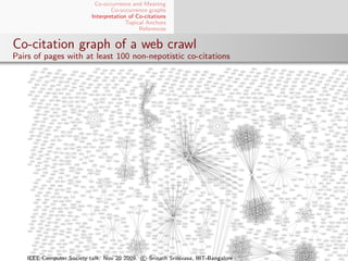 Co-occurrence and Meaning
                                   Co-occurrence graphs
                           Interpretation of Co-citations
                                         Topical Anchors
                                              References


Co-citation graph of a web crawl
Pairs of pages with at least 100 non-nepotistic co-citations




    IEEE Computer Society talk. Nov 20 2009. c Srinath Srinivasa, IIIT-Bangalore
 