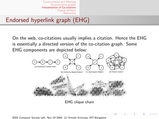 Co-occurrence and Meaning
                                 Co-occurrence graphs
                         Interpretation of Co-citations
                                       Topical Anchors
                                            References


Endorsed hyperlink graph (EHG)

  On the web, co-citations usually implies a citation. Hence the EHG
  is essentially a directed version of the co-citation graph. Some
  EHG components are depicted below:




                                             EHG clique chain


  IEEE Computer Society talk. Nov 20 2009. c Srinath Srinivasa, IIIT-Bangalore
 