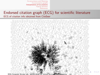 Co-occurrence and Meaning
                                  Co-occurrence graphs
                          Interpretation of Co-citations
                                        Topical Anchors
                                             References


Endorsed citation graph (ECG) for scientiﬁc literature
ECG of citation info obtained from CiteSeer




   IEEE Computer Society talk. Nov 20 2009. c Srinath Srinivasa, IIIT-Bangalore
 