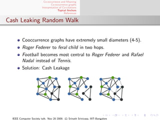 Co-occurrence and Meaning
                                 Co-occurrence graphs
                         Interpretation of Co-citations
                                       Topical Anchors
                                            References


Cash Leaking Random Walk


         Cooccurrence graphs have extremely small diameters (4-5).
         Roger Federer to feral child in two hops.
         Football becomes most central to Roger Federer and Rafael
         Nadal instead of Tennis.
         Solution: Cash Leakage




  IEEE Computer Society talk. Nov 20 2009. c Srinath Srinivasa, IIIT-Bangalore
 
