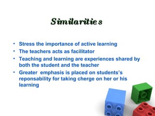 Similarities Stress the importance of active learning The teachers acts as facilitator Teaching and learning are experiences shared by both the student and the teacher Greater  emphasis is placed on students’s reponsability for taking cherge on her or his learning 