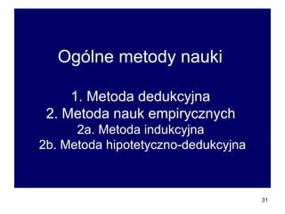 Ogólne metody nauki  1. Metoda dedukcyjna  2. Metoda nauk empirycznych   2a. Metoda indukcyjna  2b. Metoda hipotetyczno-dedukcyjna 