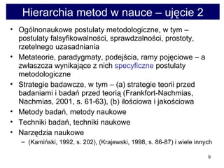 Hierarchia metod w nauce – ujęcie 2 Ogólnonaukowe postulaty metodologiczne, w tym – postulaty falsyfikowalności, sprawdzalności, prostoty, rzetelnego uzasadniania  Metateorie, paradygmaty, podejścia, ramy pojęciowe – a zwłaszcza wynikające z nich  specyficzne  postulaty metodologiczne  Strategie badawcze, w tym – (a) strategie teorii przed badaniami i badań przed teorią (Frankfort-Nachmias, Nachmias, 2001, s. 61-63), (b) ilościowa i jakościowa  Metody badań, metody naukowe  Techniki badań, techniki naukowe  Narzędzia naukowe  (Kamiński, 1992, s. 202), (Krajewski, 1998, s. 86-87) i wiele innych 