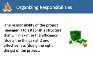 <ul><li>  The responsibility of the project manager is to establish a structure that will maximize the efficiency (doing t...