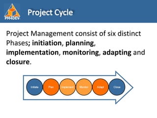 Project Management consist of six distinct Phases ; initiation ,  planning ,  implementation ,  monitoring ,  adapting  an...