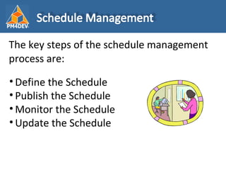 <ul><li>The key steps of the schedule management process are: </li></ul><ul><li>Define the Schedule </li></ul><ul><li>Publ...