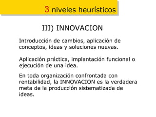 3  niveles heurísticos III) INNOVACION Introducción de cambios, aplicación de  conceptos, ideas y soluciones nuevas. Aplicación práctica, implantación funcional o ejecución de una idea. En toda organización confrontada con rentabilidad, la INNOVACION es la verdadera meta de la producción sistematizada de  ideas. 