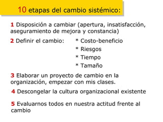 10   etapas del cambio sistémico: 1  Disposición a cambiar (apertura, insatisfacción, aseguramiento de mejora y constancia) 2  Definir el cambio: * Costo-beneficio  * Riesgos  * Tiempo * Tamaño 3  Elaborar un proyecto de cambio en la organización, empezar con mis clases. 4  Descongelar la cultura organizacional existente 5  Evaluarnos todos en nuestra actitud frente al cambio 