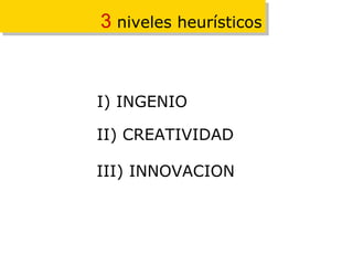 3  niveles heurísticos I) INGENIO II) CREATIVIDAD III) INNOVACION 