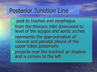 Posterior Junction Line post to trachea and esophagus from the thoracic inlet downward to level of the azygos and aortic arches represents the approximation of visceral and parietal pleura of the upper lobes posteriorly projects over the tracheal air shadow and is convex to the left 