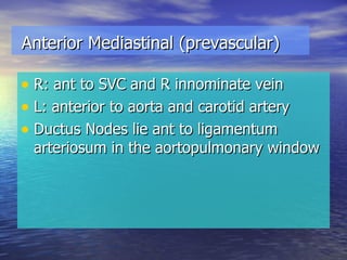 Anterior Mediastinal (prevascular) R: ant to SVC and R innominate vein L: anterior to aorta and carotid artery Ductus Nodes lie ant to ligamentum arteriosum in the aortopulmonary window 