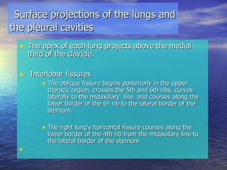 Surface projections of the lungs and the pleural cavities The apex of each lung projects above the medial third of the clavicle. Interlobar fissures The oblique fissure begins posteriorly in the upper thoracic region, crosses the 5th and 6th ribs, curves laterally to the midaxillary  line, and courses along the lower border of the 6 th  rib to the lateral border of the sternum. The right lung's horizontal fissure courses along the lower border of the 4th rib from the midaxillary line to the lateral border of the sternum 