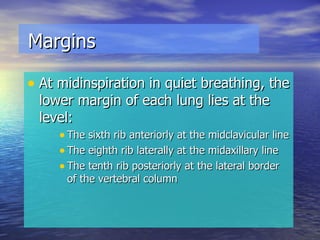 At midinspiration in quiet breathing, the lower margin of each lung lies at the level: The sixth rib anteriorly at the midclavicular line The eighth rib laterally at the midaxillary line The tenth rib posteriorly at the lateral border of the vertebral column Margins 