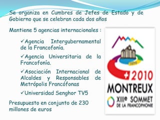 La solidaridad y el desarrollo sostenible.OrganizaciónSu actividades se centran fundamentalmente en:  La lengua