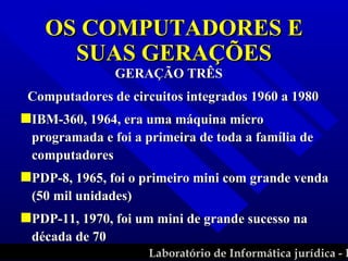 GERAÇÃO TRÊS Computadores de circuitos integrados 1960 a 1980 IBM-360, 1964, era uma máquina micro programada e foi a primeira de toda a família de computadores PDP-8, 1965, foi o primeiro mini com grande venda (50 mil unidades) PDP-11, 1970, foi um mini de grande sucesso na década de 70 OS COMPUTADORES E SUAS GERAÇÕES 