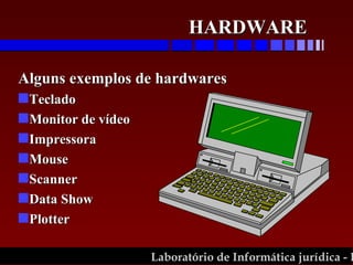 Alguns exemplos de hardwares Teclado Monitor de vídeo Impressora  Mouse Scanner Data Show Plotter HARDWARE  