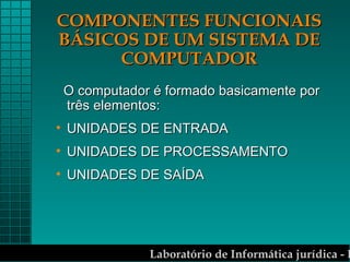 COMPONENTES FUNCIONAIS BÁSICOS DE UM SISTEMA DE COMPUTADOR O computador é formado basicamente por três elementos: UNIDADES DE ENTRADA UNIDADES DE PROCESSAMENTO UNIDADES DE SAÍDA 