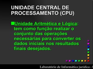 UNIDADE CENTRAL DE PROCESSAMENTO (CPU) Unidade Aritmética e Lógica :  tem como função realizar o conjunto das operações necessárias para converter os dados iniciais nos resultados finais desejados.  