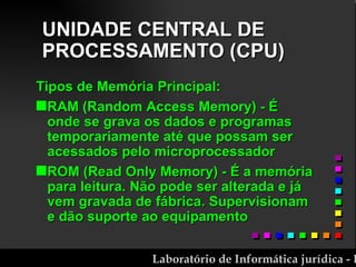 UNIDADE CENTRAL DE PROCESSAMENTO (CPU) Tipos de Memória Principal:  RAM (Random Access Memory) - É onde se grava os dados e programas temporariamente até que possam ser acessados pelo microprocessador ROM (Read Only Memory) - É a memória para leitura. Não pode ser alterada e já vem gravada de fábrica. Supervisionam e dão suporte ao equipamento 