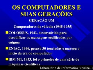 GERAÇÃO UM Computadores de válvula (1945-1955) COLOSSUS, 1943, desenvolvido para decodificar as mensagens codificadas por enigma ENIAC, 1946, pesava 30 toneladas e marcou o início da era do computador IBM 701, 1953, foi o primeiro de uma série de máquinas científicas OS COMPUTADORES E SUAS GERAÇÕES 
