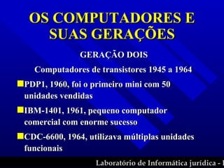 GERAÇÃO DOIS Computadores de transistores 1945 a 1964 PDP1, 1960, foi o primeiro mini com 50 unidades vendidas IBM-1401, 1961, pequeno computador comercial com enorme sucesso CDC-6600, 1964, utilizava múltiplas unidades funcionais OS COMPUTADORES E SUAS GERAÇÕES 