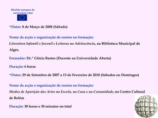 Datas:  8 de Março de 2008 (Sábado) Nome da acção e organização de ensino ou formação: Literatura Infantil e Juvenil e Leituras na Adolescência , na Biblioteca Municipal de Algés. Formador:   Dr.ª Glória Bastos (Docente na Universidade Aberta) Duração:   6 horas Datas:  29 de Setembro de 2007 a 13 de Fevereiro de 2010 (Sábados ou Domingos) Nome da acção e organização de ensino ou formação:  Modos de Aparição das Artes na Escola, na Casa e na Comunidade , no Centro Cultural de Belém Duração:   38 horas e 30 minutos no total Modelo europeu de  curriculum vitae 