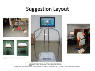 Suggestion Layouthttp://www.wiihabilitation.co.uk/adaptations.shtml“Use of the Wii Fit system for the treatment of balance problems in the elderly: A feasibility study.” by H. Sugarman, A. Weisel-Eichler, A. Burstin, R. Brown