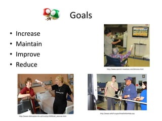GoalsIncrease Maintain ImproveReducehttp://www.spanish-meadows.com/Services.htmlhttp://www.oefoif.va.gov/HowDoIGetHelp.asphttp://www.rdehospital.nhs.uk/trust/pr/2009/wii_exercise.html
