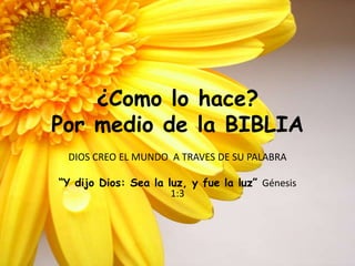 ¿Como lo hace?Por medio de la BIBLIADIOS CREO EL MUNDO  A TRAVES DE SU PALABRA“Y dijo Dios: Sea la luz, y fue la luz” Génesis 1:3