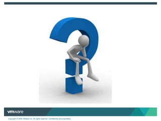 Where do the cost savings come from? CAPEX SavingsVMware View 4 Reduces Desktop TCO by up to 50%Lower cost Storage and Hardware Concurrent user pricing Delayed Hardware RefreshOPEX SavingsAverage 50% fewer help desk calls55% reduced desktop management timeAbility to provision users in minutesPatch or update from a single imageIncreased Productivity68% reduced end-user downtime * Customer examples compiled from typical cases in the industryAutomated desktop and data backup
