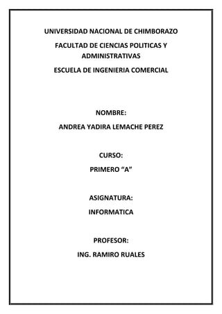 UNIVERSIDAD NACIONAL DE CHIMBORAZO<br />FACULTAD DE CIENCIAS POLITICAS Y ADMINISTRATIVAS<br />ESCUELA DE INGENIERIA COMERCIAL<br />NOMBRE: <br />ANDREA YADIRA LEMACHE PEREZ<br />CURSO:<br />PRIMERO “A”<br />ASIGNATURA: <br />INFORMATICA<br />PROFESOR:<br />ING. RAMIRO RUALES<br />DEPRECIACIÓN<br />Es la reducción del valor histórico de las propiedades, planta y equipo por su uso o caída en desuso. La contribución de estos activos a la generación de ingresos del ente económico debe reconocerse periódicamente a través de la depreciación de su valor histórico ajustado. Con el fin de calcular la depreciación de las propiedades, planta y equipo es necesario estimar su vida útil y, cuando sea significativo, su valor residual.<br />La depreciación periódica se debe determinar en forma sistemática y por métodos de reconocido valor técnico como el de línea recta, suma de los dígitos de los años, unidades de producción o aquel que mejor cumpla con la norma básica de asociación.<br />Causas de la depreciación <br />1.-  La duración física del activo; se incluyen las causa por:<br />Agotamiento<br />Desgaste<br />Envejecimiento<br />2.-  La duración económica del activo; se incluyen las causas por:<br />Explotación por tiempo limitado<br />Envejecimiento técnico<br />Envejecimiento económico<br />3.-  La duración del activo según la contabilidad; se incluyen las causas por:<br />Consolidación<br />Política de dividendos<br />Políticas tributarias<br />El activo se retira por dos razones: factores físicos (como siniestros o terminación de la vida útil) y factores económicos (obsolescencia).<br />Los factores físicos son desgaste, deterioro, rotura y accidentes que impiden que el activo funcione indefinidamente.<br />Los factores económicos o funcionales se pueden clasificar en tres categorías: insuficiencia (el activo deja de serle útil a la empresa), sustitución (reemplazo del activo por otro mas eficiente) y la obsolescencia del activo. <br />Cálculo de la depreciación<br />Para poder calcular la depreciación hay que tener en cuenta:<br />El valor a depreciar<br />El valor de residual o de salvamento<br />La vida útil<br />El método a aplicar<br />Valor a depreciar:<br />Es básicamente el costo de adquisición, pero no se debe ignorar, el valor que el bien pueda tener para la empresa al dejar de ser útil en su actividad (posible valor de recupero).<br />El valor a depreciar surge de la siguiente operación:<br />Costo de adquisición del bien-Valor de desechoValor a depreciar<br /> <br />Valor de vida útil:<br />Es la duración que se le asigna a un bien como elemento de provecho para la empresa. Para determinarla es necesario conocer ciertos factores como las especificaciones de la fábrica, el deterioro que sufren por el uso, la obsolescencia por avances tecnológicos, la acción de algunos factores naturales y los cambios en la demanda de bienes y servicios a cuya producción o servicio contribuyen.<br />Las bases utilizadas para la determinación de la vida útil son:<br />Tiempo: años<br />Capacidad de producción: producción total<br />La elección de la base dependerá de la característica del bien y del uso que se le dará.<br />Valor residual o valor de salvamento:<br />Es la estimación del valor que el bien tendrá para la empresa una vez finalizada su utilización o vida útil. Surgirá de la diferencia entre el precio de venta estimado y todas las erogaciones necesarias para retirar el bien de servicio.<br />Métodos de Depreciación<br />Los siguientes son algunos de los principales métodos de reconocido valor técnico para depreciar las propiedades, planta y equipo:<br />Métodos basados en la Vida Útil<br />Línea Recta<br />Decreciente o Acelerada<br />Suma de números dígitos<br />Doble cuota sobre valor en libros<br />Reducción de saldos<br />Métodos basados en la actividad <br />Unidades de producción<br />Horas de trabajo<br />Método de la Línea Recta<br />Es el método de depreciación más utilizado y con este se supone que los activos se usan más o menos con la misma intensidad año por año, a lo largo de su vida útil; por tanto, la depreciación periódica debe ser del mismo monto. Este método distribuye el valor histórico ajustado del activo en partes iguales por cada año de uso. Para calcular la depreciación anual basta dividir su valor histórico ajustado entre los años de vida útil.<br />El cálculo que debe efectuarse es el siguiente:<br />Valor a depreciar= Cuota de depreciaciónVida útil estimada<br />La objeción principal al método de línea recta es que se apoya en suposiciones muy sutiles que en muchos casos no son realistas. Los supuestos fundamentales son (1) que la utilidad económica del activo es la misma cada año y (2) que los gastos por reparaciones y mantenimiento son en esencia iguales en cada período. <br />EJEMPLO:<br />Torres e Hijos adquirió el 2 de enero del presente año un activo por $12.600.000. se estima que este activo tendrá una vida útil de 5 años y un valor residual no significativo. El cálculo de la depreciación anual es el siguiente: <br />Depreciación anual = $12.600.000 = 2.520.000/año.<br />5<br />La depreciación anual, la depreciación acumulada y el valor en libros del activo al final de cada uno de los 5 años de vida útil, se pueden apreciar en la siguiente tabla:<br />AñoDepreciación anual ($)Depreciación acumulada ($)Valor en libros ($)123452.520.0002.520.0002.520.0002.520.0002.520.0002.520.0005 040 0007.560.00010.080.00012.600.00010.080.0007.560.0005.040.0002.520.0000<br />Métodos de Cargo Decreciente<br />Suma de los dígitos de los años<br />Estos métodos permiten hacer cargos por depreciación más altos en los primeros años y más bajos en los últimos períodos. Al equilibrar los gastos periódicos de depreciación y mantenimiento de los activos a lo largo de su vida útil, en los primeros años se presentaran altos montos de depreciación y bajos gastos de mantenimiento, mientras que los últimos años la relación será inversa. Con el avance tecnológico, algunos activos tienden a hacerse obsoletos rápidamente, lo cual justifica también la necesidad de depreciarlos en forma mas acelerada.<br />EJEMPLO:<br />Para el caso del activo de Torres e Hijos, cuya vida útil es de cinco años, la suma de los dígitos de los años es: 5 + 4 + 3 + 2 + 1 = 15<br />Algebraicamente, con el fin de obtener la suma de los dígitos de los años, debe aplicarse la siguiente formula:<br />S = n (n+1) donde:<br />2<br />S = suma de los dígitos de los años<br />n = años estimados de vida útil<br />Para el caso del ejemplo, la suma de los dígitos es:<br />S = 5 (5+1) = 5 (6) = 15<br />2 2<br />La fracción que se aplicara sobre el valor por depreciar para el primer año será entonces 5/15, para el segundo año será 4/15 y así sucesivamente. Las depreciaciones para cada uno de los 5 años de vida útil, en el caso del activo de Torres e Hijos. Serán:<br />AñoDepreciación anual ($)15/15 x 12.600.000 = 4.200.00024/15 x 12.600.000 = 3.360.00033/15 x 12.600.000 = 2.520.00042/15 x 12.600.000 = 1.680.00051/15 x 12.600.000 = 840.000<br />En la siguiente tabla se presentan la depreciación anual, la depreciación acumulada y el valor en libros del activo para cada uno de sus 5 años de vida útil. <br />AñoDepreciación anual ($)Depreciación acumulada ($)Valor en libros ($)123454.200.0003.360.0002.520.000 1.680.000840.0004.200.0007.560.00010.080.00011.760.00012.600.0008.400.0005.040.0002.520.000840.0000<br />Como se puede observar, por este método se deprecian los activos en mayores montos en los primeros años de vida, que bajo el método de línea recta, mientras que en los últimos años sucede lo contrario.<br />Doble cuota sobre valor en libros<br />Otro método de cargo decreciente es el doble cuota sobre valor en libros, el cual usa una tasa de depreciación que viene a ser el doble de la que se aplica en línea recta. A diferencia de lo que ocurre en otros métodos, el valor de desecho se pasa por alto al calcular la base de la depreciación. La tasa de doble cuota se multiplica por el valor en libros que tiene activo al comenzar cada período. Además, el valor en libros se reduce cada período en cantidad igual al cargo por depreciación, de manera que cada año la doble tasa constante se aplica a un valor en libros sucesivamente más bajo.<br />EJEMPLO:<br />Para el caso del activo de Torres e Hijos, suponiendo que este procedimiento pudiera utilizarse para este de tipos de activos y puesto que la tasa de depreciación anual por el método de línea recta es del 20% (5 años de vida), debería tomarse como porcentaje de depreciación anual el 40%, el cual se aplicaría al valor no depreciado.<br />La depreciación se calcula de la siguiente forma:<br />AñoValor NO depreciado ($)Depreciación anual ($)112.600.0000.40 x 12.600.000 = 5.040.00027.560.0000.40 x 7.560.000 = 3.024.00034.536.0000.40 x 4.536.000 = 1.814.40042.721.6000.40 x 2.721.600 = 1.088.64051.632.9600.40 x 1.632.960 = 653.184<br />AñoDepreciación anual ($)Depreciación acumulada ($)Valor en libros ($)15.040.0005.040.0007.560.00023.024.0008.064.0004.536.00031.814.4009.878.400 2.721.60041.088.64010.967.040 1.632.9605653.18411.620.224979.776<br />Cuando se utilice este sistema, el valor de la depreciación correspondiente al último año de vida útil comprenderá el monto total del saldo pendiente por depreciar.<br />Reducción de saldos<br />Este método consiste en la aplicación de una tasa sobre el valor no depreciado del activo. El calculo de la tasa se lleva a cabo mediante la siguiente formula:<br />Tasa de depreciación = 1- n<br />Valor residual<br />Valor histórico<br />Donde n es el número de años de vida útil del activo<br />EJEMPLO:<br />Para el caso de Torres e Hijos, y suponiendo que el activo tiene un valor residual estimado por la empresa igual a $3.150.000, la tasa de depreciación anual por este método se calcula de la siguiente manera:<br />Tasa de depreciación = 1- 5 <br />3.150.000<br />12.600.000<br />Esta tasa debe de aplicarse para cada año sobre el valor no depreciado del activo. La depreciación para cada uno de los años de vida útil del activo en el ejemplo es la siguiente:<br />AñoValor NO depreciado ($)Depreciación anual ($)112.600.0000.242142 x 12.600.000 = 3.050.89629.549.1040.242142 x 9.549.104 = 2.312.23637.235.8680.242142 x 7.235.868 = 1.752.34645.484.5220.242142 x 5.484.522 = 1.328.03254.156.4900.242142 x 4.156.490 = 1.006.460<br />AñoDepreciación anual ($)Depreciación acumulada ($)Valor en libros ($)13.050.8963.050.8969.549.10422.312.2365.363.1327.236.86831.752.3467.115.4785.484.52241.328.0328.443.5104.156.49051.006.4609.450.000Valor Residual 3.150.000<br />Si el valor residual no es significativo, este método no puede usarse, porque al aplicar la fórmula la tasa de depreciación sería 1, lo que significaría una depreciación del 100% para el primer año.<br />Métodos basados en la actividad<br />El método basado en la actividad (método de cargo variable) presupone que la depreciación está en función del uso o de la productividad y no del paso del tiempo. La vida del activo se considera en términos de su rendimiento (unidades que produce) o del número de horas que trabaja. <br />Para algunos activos como máquinas, equipos y vehículos, su vida útil está estrechamente relacionada con la capacidad de producción, la cual se expresa en horas de trabajo, kilómetros recorridos, unidades producidas, etc. Para estos activos se utiliza este método de depreciación que consiste en calcular el monto de depreciación periódica, de acuerdo con el volumen de actividad alcanzada. <br />La depreciación por unidad de producción se calcula de la siguiente manera:<br />Valor histórico= Depreciación por unidadCapacidad de producción<br />La depreciación por tiempo de uso se calcula de la siguiente manera:<br />Valor a depreciar x horas de uso en el año= Cargo por depreciaciónTotal de horas estimadas<br />EJEMPLO:<br />El activo de Torres e Hijos tiene una capacidad de producción de 100.000 unidades, al final de las cuales se espera que quede totalmente depreciado. La producción por año a lo largo de su vida útil fue la siguiente:<br />AñoUnidades producidas120.000240.000325.000415.000<br />Depreciación por unidad = $12.600.000 = $126/unidad<br />100.000 unid<br />El gasto por depreciación para cada uno de los 4 años se calcula de la siguiente manera:<br />AñoDepreciación anual ($)120.000 unid x 126/unid = 2.520.000240.000 unid x 126/unid = 5.040.000325.000 unid x 126/unid = 3.150.000415.000 unid x 126/unid = 1.890.000<br />AñoDepreciación anual ($)Depreciación acumulada ($)Valor en libros ($)12.520.0002.520.00010.080.00025.040.0007.560.0005.040.00033.150.00010.710.0001.890.00041.890.00012.600.0000<br />AGOTAMIENTO<br />Los recursos naturales, a menudo llamados bienes agotables, comprenden el petróleo, los minerales y la madera. Presentan dos características principales:<br />1. Son susceptibles de una eliminación (consumo) total.<br />2. Solo se pueden reponer mediante un acto de la naturaleza.<br />A diferencia de la planta y el equipo, los recursos naturales se consumen materialmente durante el período de utilización y no conservan sus características físicas. En su mayoría, los problemas contables asociados con los recursos naturales son similares a aquellos con que se tropieza en el área del activo fijo.<br />Cálculo del agotamiento<br />Para poder calcular al agotamiento hay que tener en cuenta:<br />Establecimiento de la base del agotamiento<br />Cancelación del costo del recurso<br />Establecimiento de la base del agotamiento<br />Los costos de los recursos naturales se pueden dividir en tres categorías:<br />  Costos de adquisición del depósito: Es el precio que se paga para obtener el derecho de buscar y encontrar un recurso natural oculto, o el que se paga por una fuente ya descubierta. <br />  Costos de exploración: Costos asociados a la localización del recurso, una vez obtenido el derecho de usar la propiedad.<br />  Costos de desarrollo: Los cuales comprenden los costos del equipo tangible (Equipo pesado y de transportación) y los costos intangibles (partidas tales como perforaciones, túneles y pozos) que se requieres para la producción del recurso natural.<br />Cancelación del costo del recurso<br />El agotamiento se calcula normalmente por el método de las unidades de producción (métodos basados en la actividad), lo que significa que el agotamiento es función del número de unidades retiradas durante el período. Cuando se adopta este método, el costo total del recurso natural se divide entre el número de unidades estimadas que contiene el depósito, para obtener el costo por unidad de producto. El cual se multiplica por el número de unidades extraídas a fin de calcular el agotamiento.<br />Costo total= Agotamiento cargado por unidadUnidades disponibles estimadas<br />La amortización es un término económico y contable, referido al proceso de distribución en el tiempo de un valor duradero. Adicionalmente se utiliza como sinónimo de depreciación en cualquiera de sus métodos.<br />Se emplea referido a dos ámbitos diferentes casi opuestos: la amortización de un activo o la amortización de un pasivo. En ambos casos se trata de un valor, habitualmente grande, con una duración que se extiende a varios periodos o ejercicios, para cada uno de los cuales se calcula una amortización, de modo que se reparte ese valor entre todos los periodos en los que permanece.<br />Amortizar es el proceso financiero mediante el cual se extingue, gradualmente, una deuda por medio de pagos periódicos, que pueden ser iguales o diferentes.<br />En las amortizaciones de una deuda, cada pago o cuota que se entrega sirve para pagar los intereses y reducir el importe de la deuda.<br />Amortización de un pasivo<br />La obligación de devolver un préstamo recibido de un banco es un pasivo, cuyo importe se va reintegrando en varios pagos diferidos en el tiempo. La parte de capital (o principal) que se cancela en cada uno de esos pagos es una amortización Los métodos más frecuentes para repartir el importe en el tiempo y segregar principal de intereses son el Francés, Alemán y el Americano. Todos estos métodos son correctos desde el punto de vista contable y están basados en el concepto de interés compuesto. Las condiciones pactadas al momento de acordar el préstamo determinan cual de los sistemas se utilizará.<br />El sistema Francés consiste en determinar una cuota fija. Mediante el cálculo apropiado del interés compuesto se segrega el principal (que será creciente) de los intereses (decrecientes).<br />El sistema Alemán determina que la amortización de capital sea fija. Por lo tanto los intereses y la cuota total serán decrecientes.<br />El sistema Americano establece una sola amortización al final de un período, en el cual solo se pagan intereses. Al no haber pagos de capital, los intereses son fijos.<br />Las cuotas crecientes al tipo de interes: donde lo que se asegura es que la subida de cuota es el tipo de interes del mercado, una vez hallada la cuota inicial, su caracteristica es que permite comparar entre alquiler y compra y dar seguridad de pago, si revalorizas tu salario a la inflación, por amortización parcial, desde el, se obtienen el metodo frances y aleman, el americano no, pues no es propiamente, un metodo de amortización, dentro del prestamo sino al final.<br />Es posible determinar un cuadro de amortización distinto a los anteriormente mencionados en el texto.<br />Amortización de un activo<br />Existen varios métodos de amortización, tanto de activos inmovilizados (cuotas fijas, crecientes, decrecientes,...). Se trata de técnicas aritméticas para repartir un importe determinado, el valor a amortizar, en varias cuotas, correspondientes a varios periodos.<br />Desde el punto de vista lingüístico la expresión depreciación es más apropiada para reflejar la pérdida de valor de los activos materiales (también llamados bienes de uso). Sin embargo, las normas contables de algunos países eligen la expresión amortización.<br />Amortización desde el punto de vista contable<br />Amortizar significa considerar que un determinado elemento del activo fijo empresarial ha perdido, por el mero paso del tiempo, parte de su valor. Para reflejar contablemente este hecho, y en atención al método contable de partida doble, hay que: 1º Dotar una amortización, es decir, considerar como pérdida del ejercicio la disminución del valor experimentado. 2º Crear una cuenta negativa en el activo del balance, que anualmente vería incrementado su saldo con la indicada disminución del valor del bien. De esta forma todo elemento del activo fijo de la empresa vendría reflejado por dos cuentas, una positiva, que recogería el valor de su adquisición u obtención, y otra negativa (llamada de Amortización Acumulada), en la cual se indica lo que vale de menos como consecuencia del paso del tiempo.<br />Se trata de un artificio contable tendiente a conseguir una mayor aproximación a la realidad económica y financiera de la empresa, y no un fondo de dinero reservado de alguna forma para reponer el inmovilizado al finalizar su vida útil. Para calcular la cuota de amortización para un periodo determinado existen diferentes métodos:<br />a) Amortización según tablas<br />b) Amortización constante, lineal o de cuota fija<br />c) Amortización degresiva con porcentaje constante<br />d) Amortización degresiva por suma de dígitos<br />e) Amortización degresiva por progresión aritmética decreciente<br />f) Amortización progresiva<br />g) Amortización variable<br />h) Amortización acelerada<br />i) Amortización libre<br />