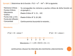 Ejemplo 3.  Determinar de la función  lo siguiente: Números Críticos  Puntos Críticos Monotonía Gráfica Punto máx. y min. Punto de Inflexión Concavidad Ya conseguidos los números y puntos críticos de dicha función en el ejemplo 1…  Continuaremos buscando lo restante… . 0  1  2  3  4 Monotonía =  Monotonía: continuemos a buscar los intervalos de crecimiento y decrecimiento 