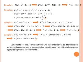 Ejemplo 1. Ejemplo 2. ` Ejemplo 3. Ejemplo 4. Sumamente sencillo… Para desarrollar una excelente técnica de diferenciación es necesario practicar una gran variedad de ejercicios con más dificultad que estos ejemplos explicados anteriormente… 