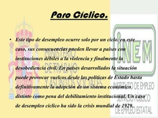 Paro Cíclico.Este tipo de desempleo ocurre solo por un ciclo, en este caso, sus consecuencias pueden llevar a países con instituciones débiles a la violencia y finalmente la desobediencia civil. En países desarrollados la situación puede provocar vuelcos desde las políticas de Estado hasta definitivamente la adopción de un sistema económico distinto como pena del debilitamiento institucional. Un caso de desempleo cíclico ha sido la crisis mundial de 1929.