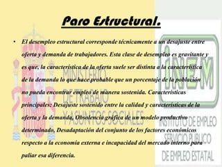 Paro Estructural.El desempleo estructural corresponde técnicamente a un desajuste entre oferta y demanda de trabajadores. Esta clase de desempleo es gravitante y es que, la característica de la oferta suele ser distinta a la característica de la demanda lo que hace probable que un porcentaje de la población no pueda encontrar empleo de manera sostenida. Características principales: Desajuste sostenido entre la calidad y características de la oferta y la demanda, Obsolencia gráfica de un modelo productivo determinado, Desadaptación del conjunto de los factores económicos respecto a la economía externa e incapacidad del mercado interno para paliar esa diferencia. 