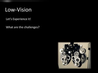  able to customize a website font and colorTips for Creating PersonasEmpathy: focus on our target users and their pain pointsConcrete:  include details of your personas and make them realApply a face to your personaInclude disability condition and AT information for accessibility personas