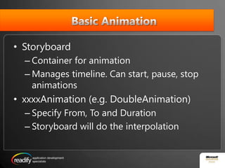  Basic AnimationStoryboardContainer for animationManages timeline. Can start, pause, stop animationsxxxxAnimation (e.g. DoubleAnimation)Specify From, To and DurationStoryboard will do the interpolation