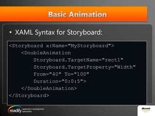 Basic AnimationXAML Syntax for Storyboard: <Storyboard x:Name="MyStoryboard">    <DoubleAnimationStoryboard.TargetName="rect1" Storyboard.TargetProperty="Width"        From="40" To="100"        Duration="0:0:5">    </DoubleAnimation></Storyboard>