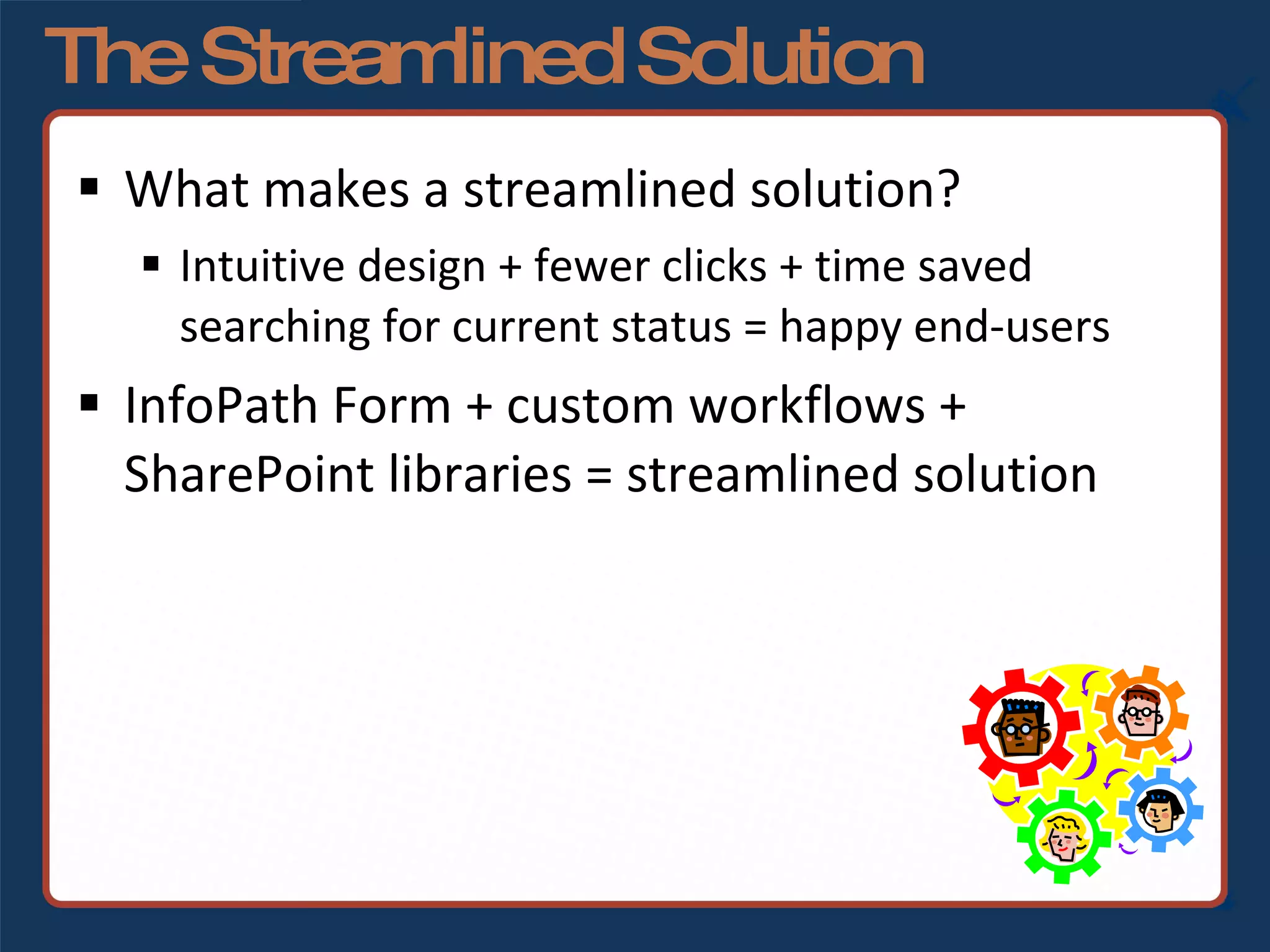 The Streamlined Solution What makes a streamlined solution? Intuitive design + fewer clicks + time saved searching for current status = happy end-users InfoPath Form + custom workflows + SharePoint libraries = streamlined solution 