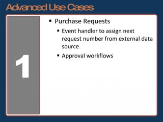Advanced Use Cases Purchase Requests Event handler to assign next request number from external data source Approval workflows 1 