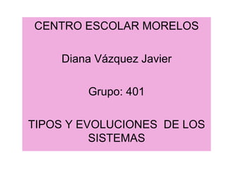 CENTRO ESCOLAR MORELOS Diana Vázquez Javier Grupo: 401 TIPOS Y EVOLUCIONES  DE LOS SISTEMAS 