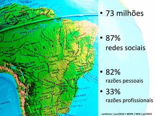 • 73 milhões

• 87%
   redes sociais


• 82%
   razões pessoais
• 33%
   razões profissionais

comScore | jun/2010 • IBOPE / WIN | jul/2010
 