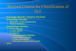 Revised Criteria for Classification of SLE Neurologic disorder- Seizures; Psychosis Hematologic disorder Hemolytic A with reticulocytosis PANCYTOPENIA Immunologic disorder:  (+) LE cell prep;  (+) Anti- dsDNA  (+) Anti-Sm (+) Antiphospholipid antibodies Anticardiolipin antibodies (+) lupus anticoagulant False-positive serologic test for syphilis ANA 